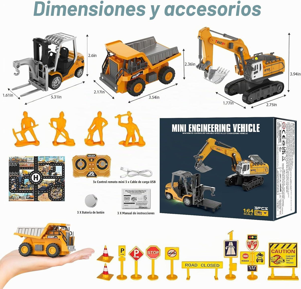 Mini vehículos de construcción RC 1:64 carretilla elevadora excavadora