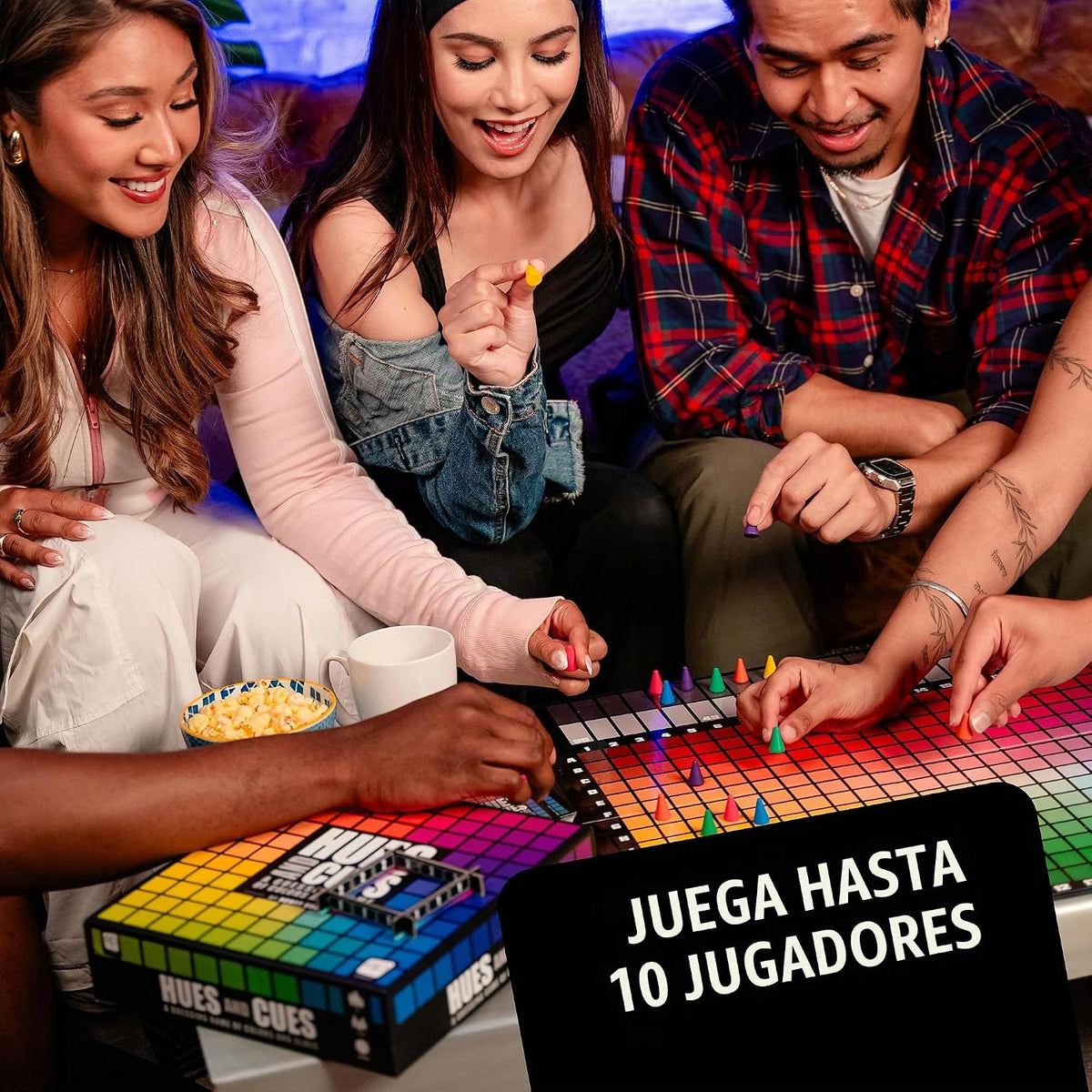 HUES and CUES | Juego de adivinanzas de colores vibrantes, perfecto para la noche de juegos en familia | Conecta pistas y colores | 480 cuadrados de colores para adivinar