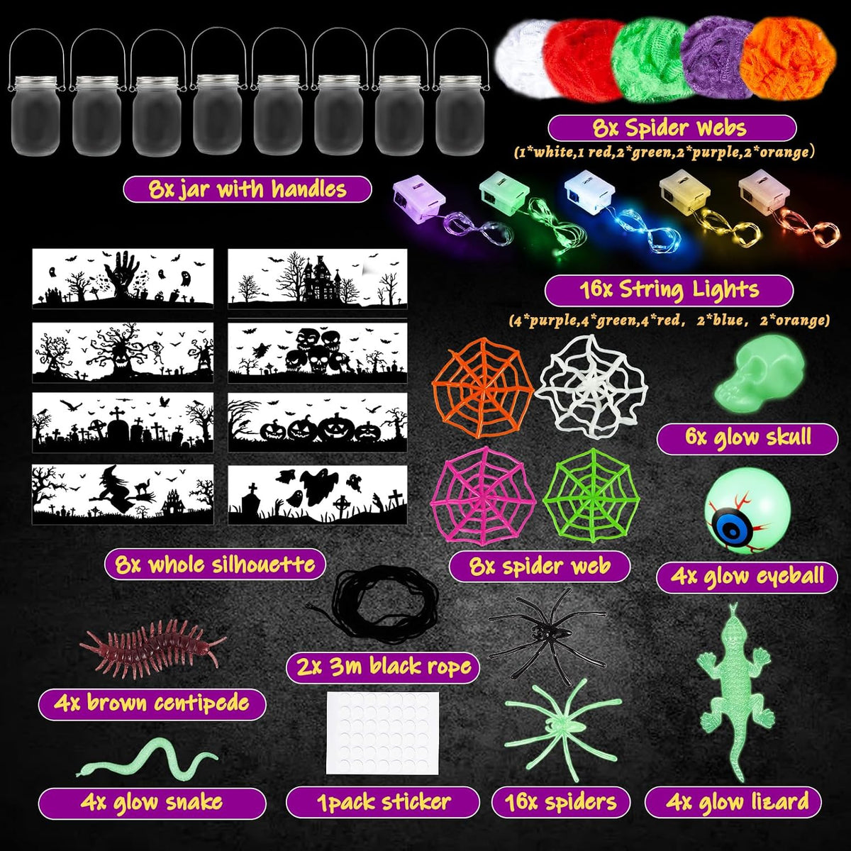 AuroTops Manualidades de Halloween para niños, paquete de 8 tarros de masón