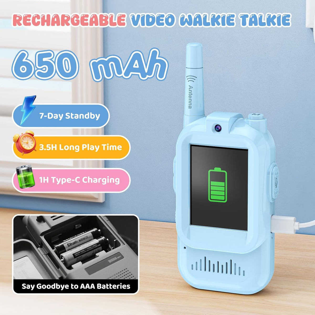 Walkie Talkies de video para niños, paquete de 2 recargables de largo