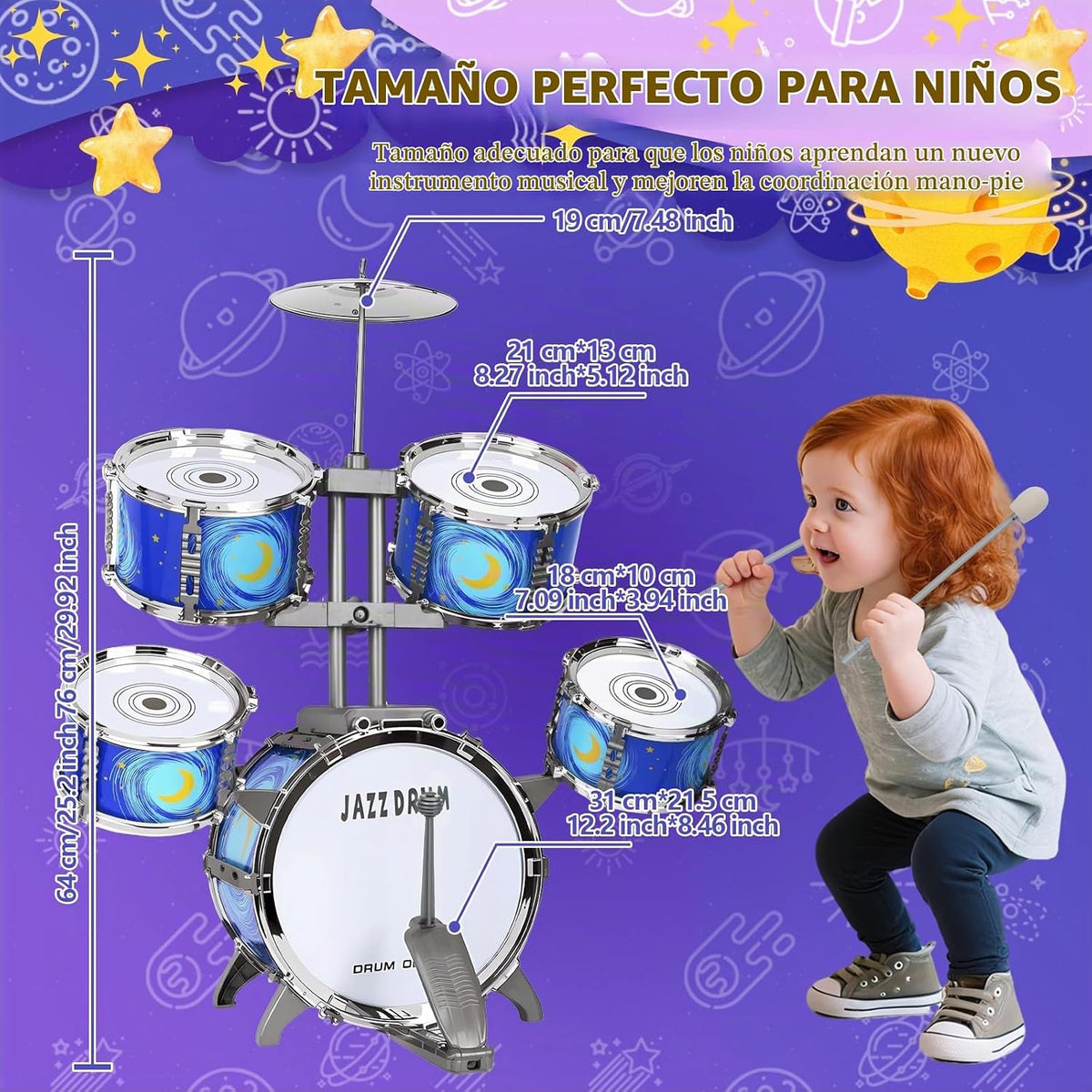 Set de Tambor para Niños Mejorado para Toddlers de 3-5 Años: Tambor Jazz de Plástico con Banqueta