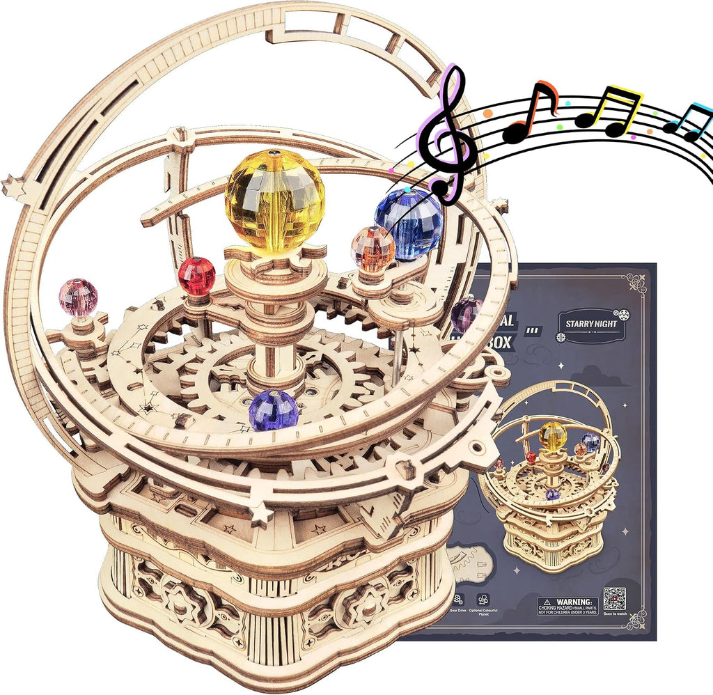 ROKR Rompecabezas 3D para adultos, caja de música Orrery, juego de construcción de modelo de madera, kit de manualidades de madera para bricolaje, kit de sistema solar, juguetes STEM, regalos para hombre y mujer