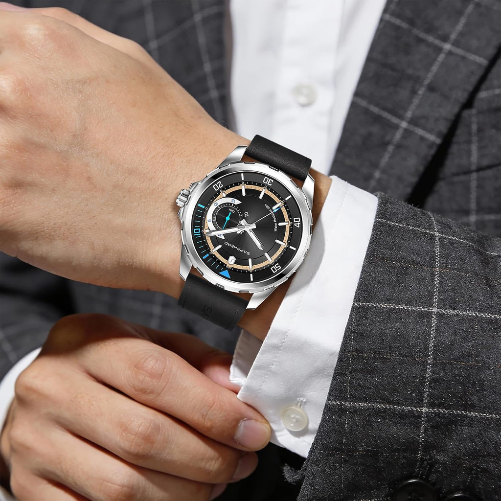 SAPPHERO Reloj para hombre con subesfera de fecha/esfera de números arábigos, cuarzo analógico, correa de acero inoxidable/piel, 164 ft impermeable, reloj de pulsera de vestir casual para trabajo de