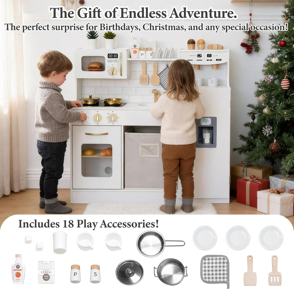 Cocina de juego de madera para niños pequeños de 3 a 5 años con sistema de almacenamiento y 18 piezas, juego de regalo de cocina compacto todo en uno, nevera, máquina de hielo, cafetera