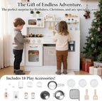Cocina de juego de madera para niños pequeños de 3 a 5 años con sistema de almacenamiento y 18 piezas, juego de regalo de cocina compacto todo en uno, nevera, máquina de hielo, cafetera