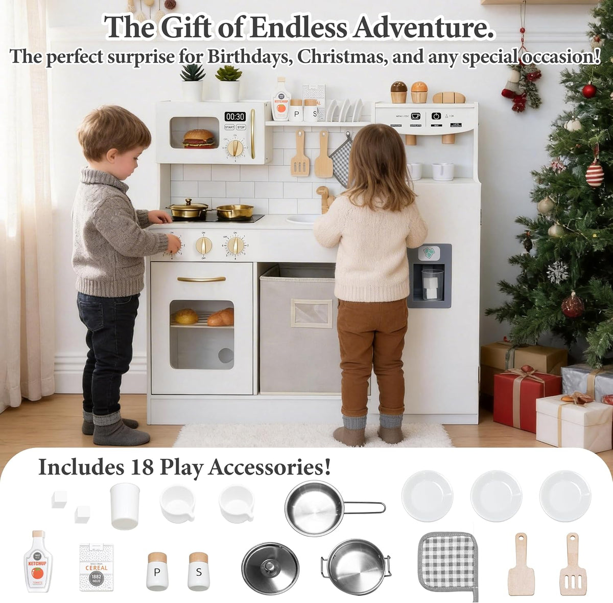 Cocina de juego de madera para niños pequeños de 3 a 5 años con sistema de almacenamiento y 18 piezas, juego de regalo de cocina compacto todo en uno, nevera, máquina de hielo, cafetera