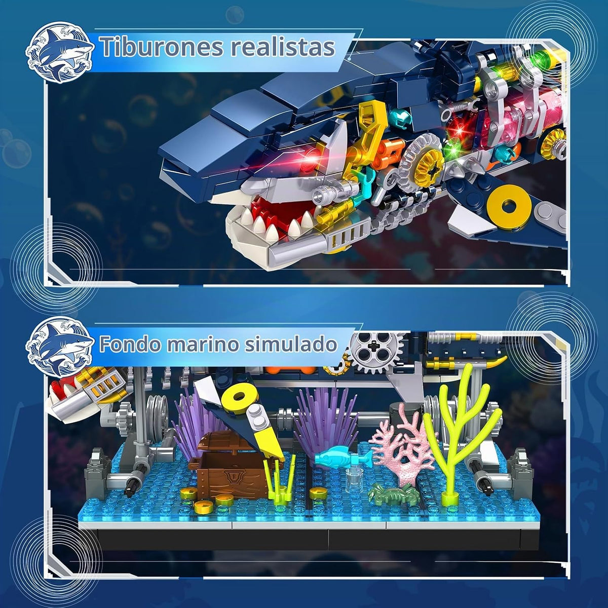 Juego de bloques de construcción de tiburón, juguetes mecánicos giratorios de tiburón, regalos de cumpleaños para niños y niñas a partir de 6 años, diseño de peces de tiburón, decoración de oficina en casa