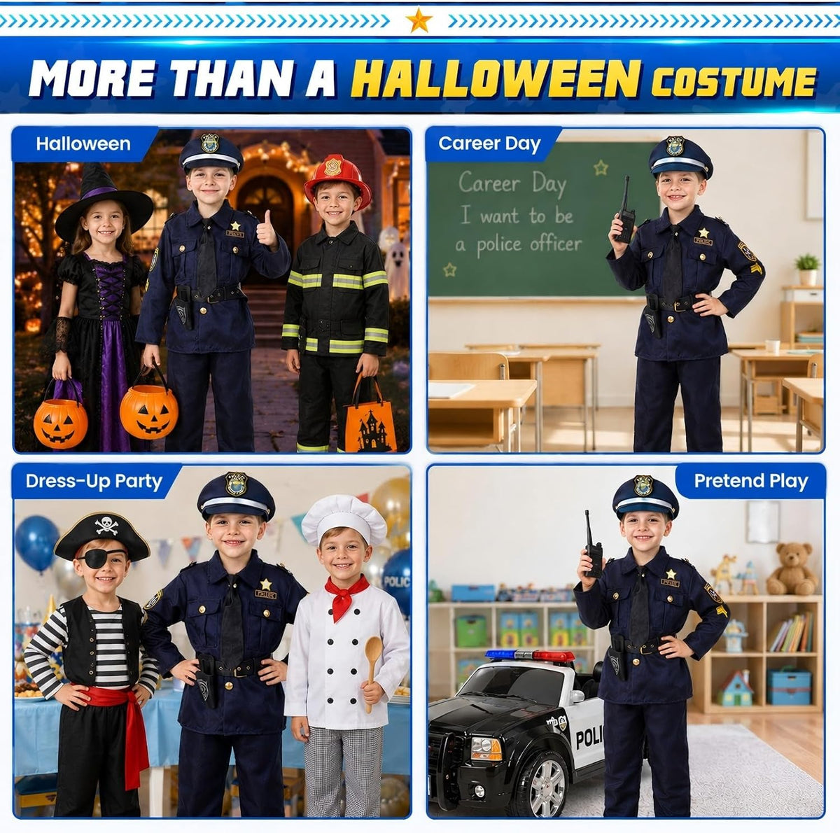 Skirfy Kit de Disfraz de Policía de 16 Piezas para Niños, Disfraz de Oficial de Policía para Niños, Kit de Rol de Disfraz de Policía para Niños, Disfraz de Halloween para Niños