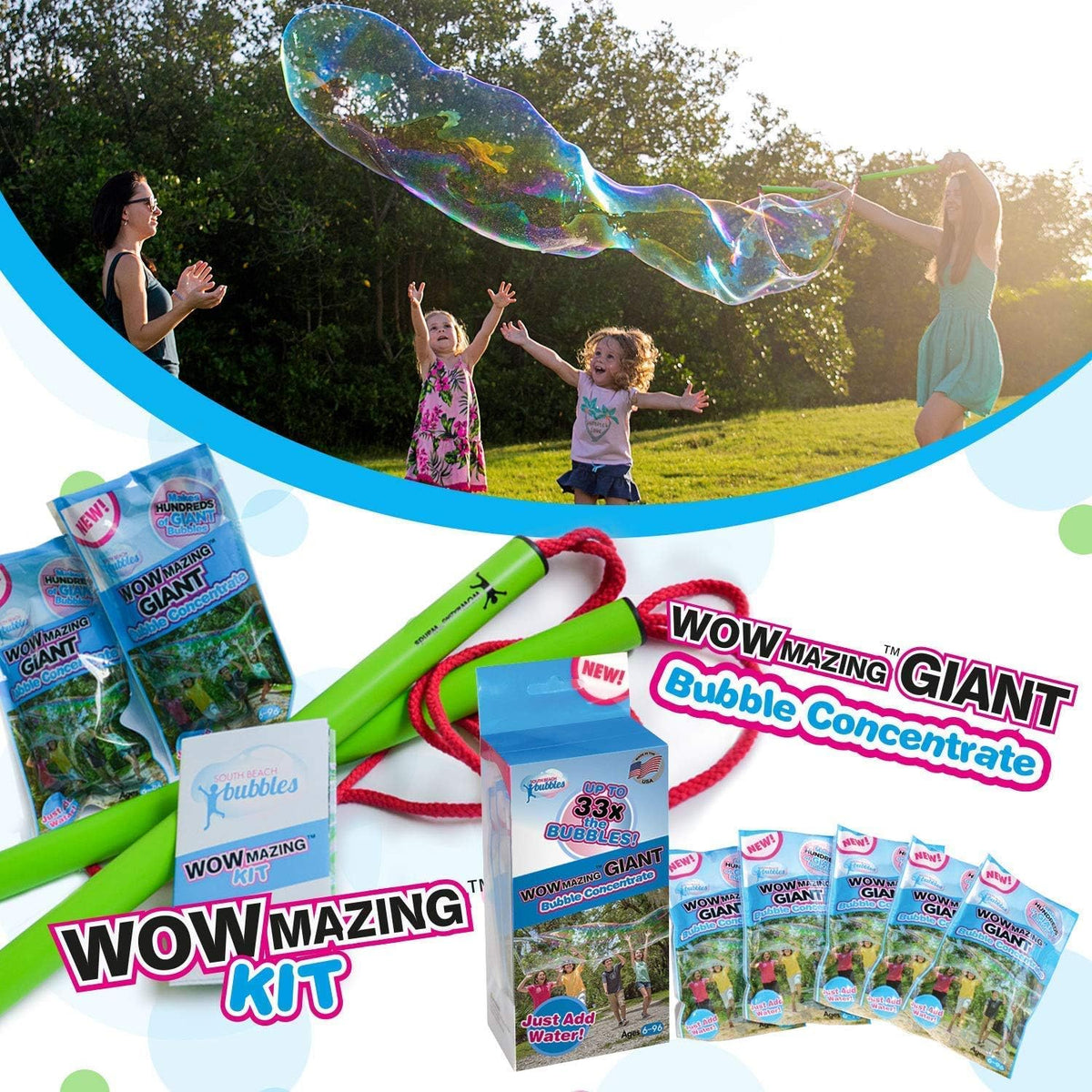 Kit de varita de burbujas gigante y recambios, incluye 7 bolsas de concentrado y folleto de consejos | Fabricante de burbujas para exteriores para niños | Recuerdo de fiesta de burbujas