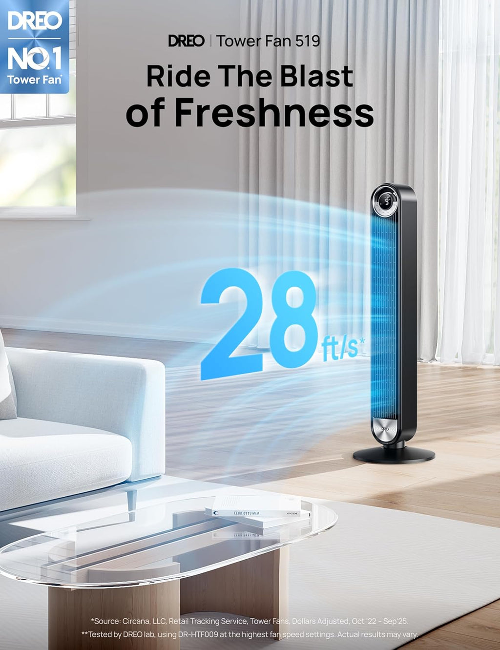 DREO Ventilador de torre para dormitorio, velocidad de CC mejorada...