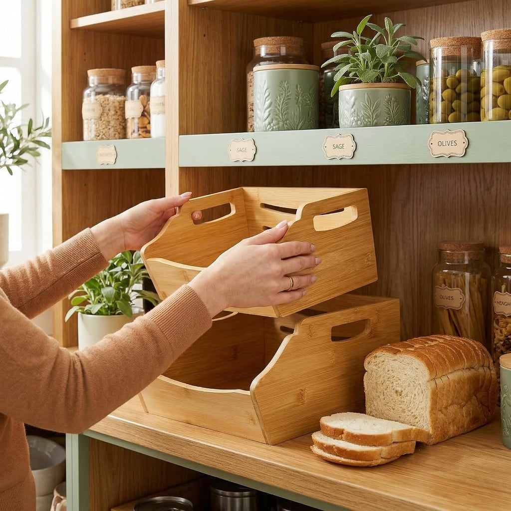 Paquete de 2 cubos de almacenamiento apilables de bambú, contenedores apilables de frente abierto para encimera, cesta organizadora de 2 niveles con asa, contenedor de alimentos y frutas para gabinete, cocina, estudio, oficina