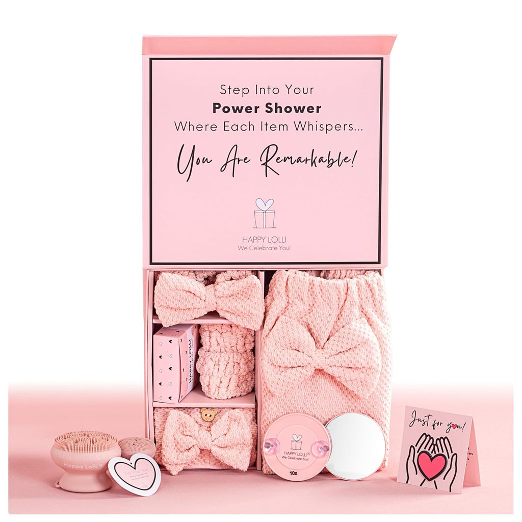 Juego de regalo de ducha eléctrica para adolescentes y universitarias, regalo de cumpleaños, cuidado personal, accesorios de baño esenciales universitarios con toallas, diadema, pulseras y esponja facial (fresco en rosa)