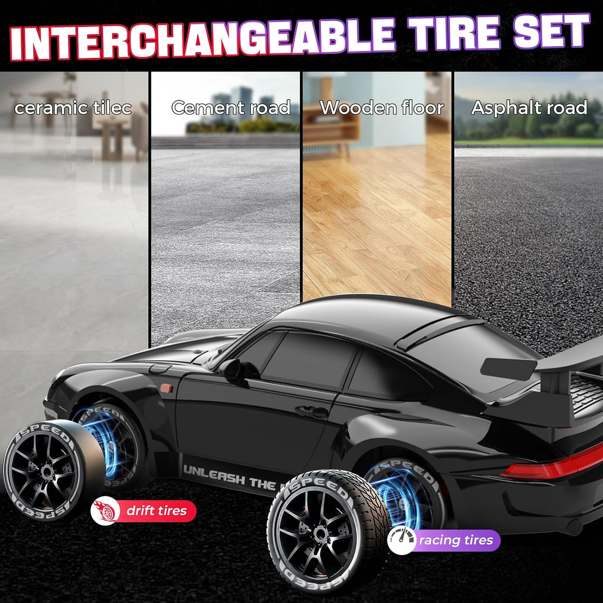 RC Drift Car, Auto a Control Remoto 1:24 para Niños y Adultos, Negro Carbón