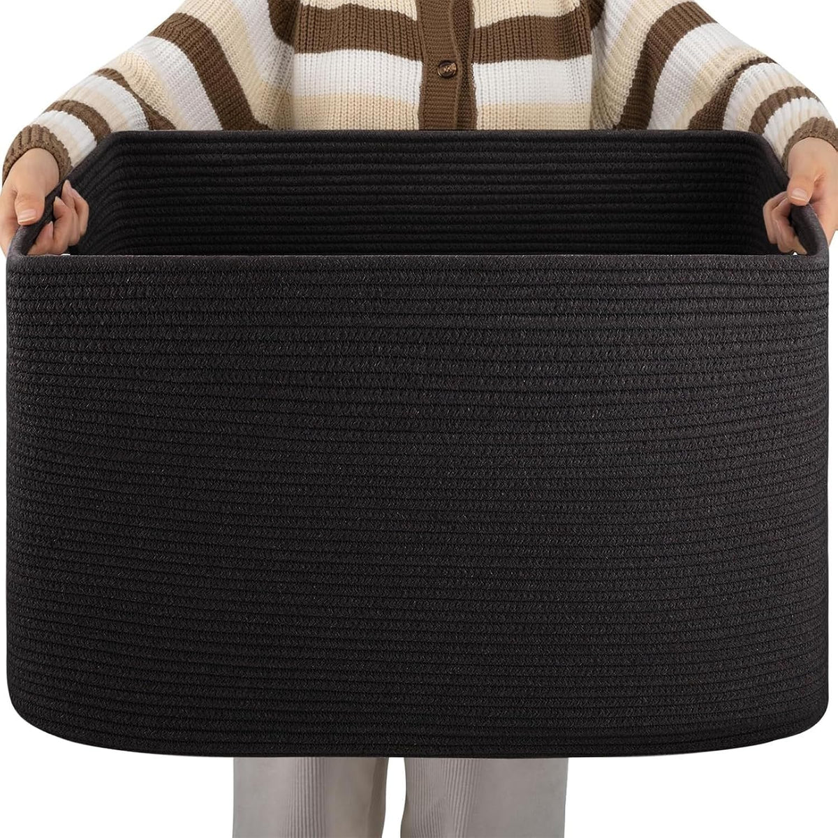 OIAHOMY Cesta rectangular XXL para manta, 96 litros, cesta tejida de algodón para almacenamiento, cestas de ropa sucia para sala de estar, guardería, dormitorio, organización de juguetes con asa, 24 x