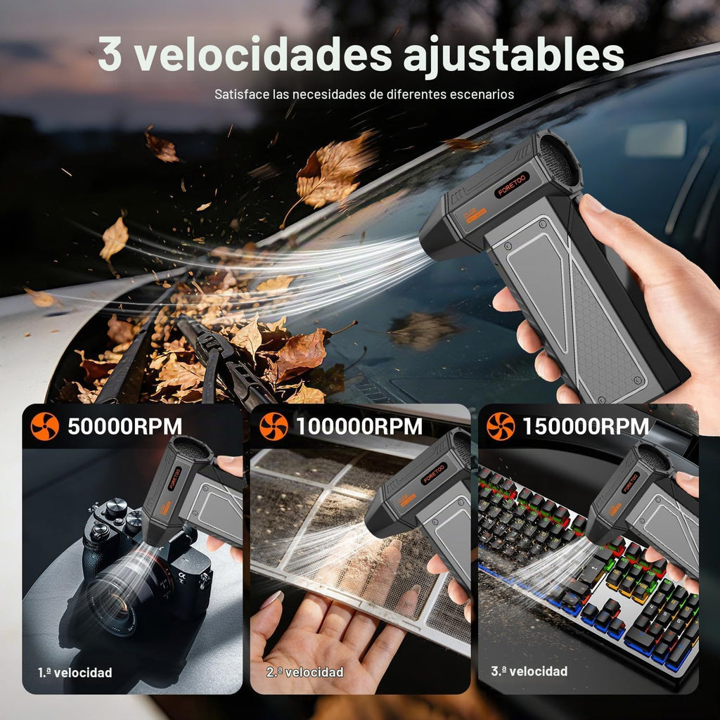 Plumero de aire comprimido: 150000 RPM Super Power - Plumero de aire inalámbrico, motor recargable sin escobillas, soplador de energía duradero con luz LED SOS, soplador de polvo ajustable para