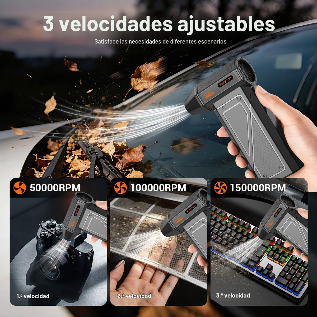Plumero de aire comprimido: 150000 RPM Super Power - Plumero de aire inalámbrico, motor recargable sin escobillas, soplador de energía duradero con luz LED SOS, soplador de polvo ajustable para