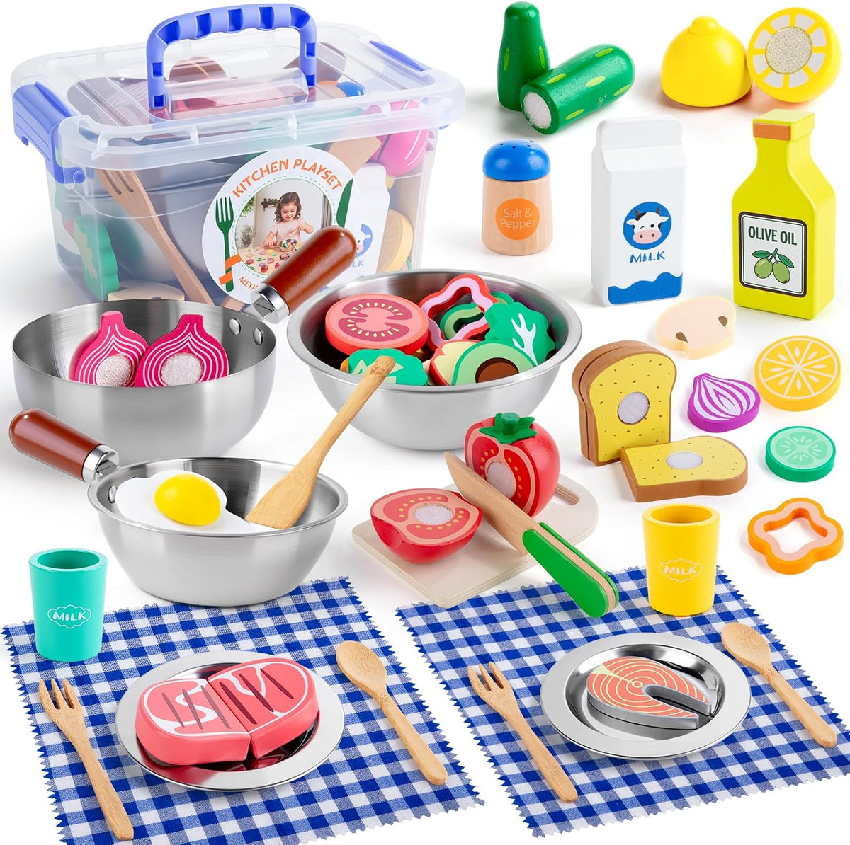 Juboury Wooden Play Food Sets para Kid Kitchen con Stainless Steel Cookware