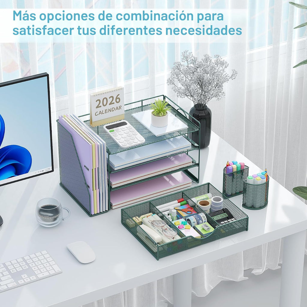 Lámpara gianotter Organizador de escritorio de 4 niveles con cajones, soportes para archivos, bandejas para cartas y soportes para bolígrafos, accesorios de espacio de trabajo para suministros de oficina