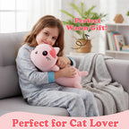 Peluche de gato con peso para microondas, 2.2 libras, peluche de gato rosa grande, lavable a máquina, sin perfume, bonita almohadilla térmica de animal, juguete de peluche cálido para adultos y niños, bordado de flores rosas, 15 pulgadas