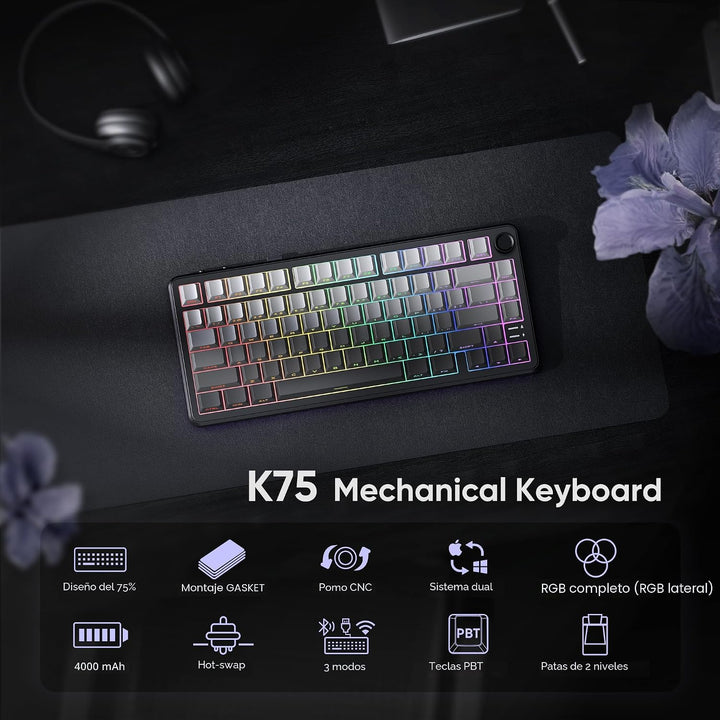 RedThunder K75 Teclado mecánico inalámbrico para juegos, 75% teclad...