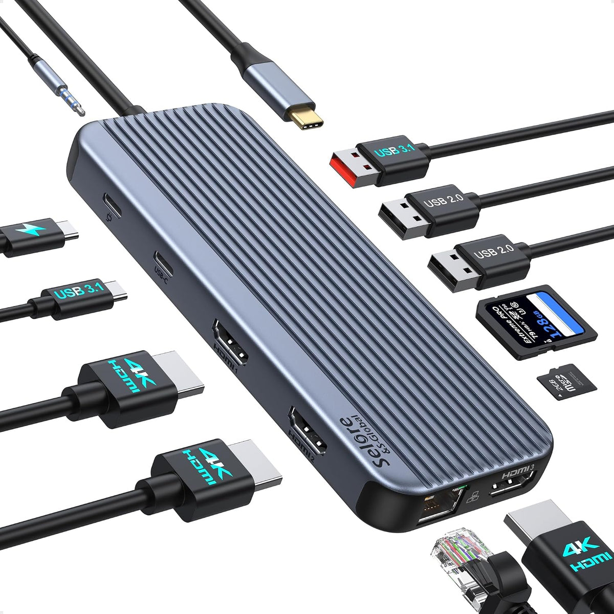 Estación de Acoplamiento USB C Selore con 3 HDMI, Docking Station para Laptop, 3 Monitores