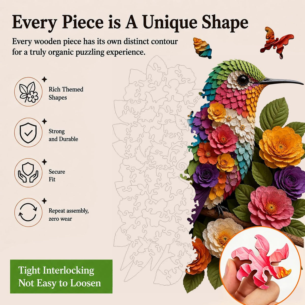 Rompecabezas de madera para adultos, rompecabezas florales de colibrí para adultos, 200 piezas, rompecabezas de madera únicos en forma de animal, divertido rompecabezas desafiante, regalo