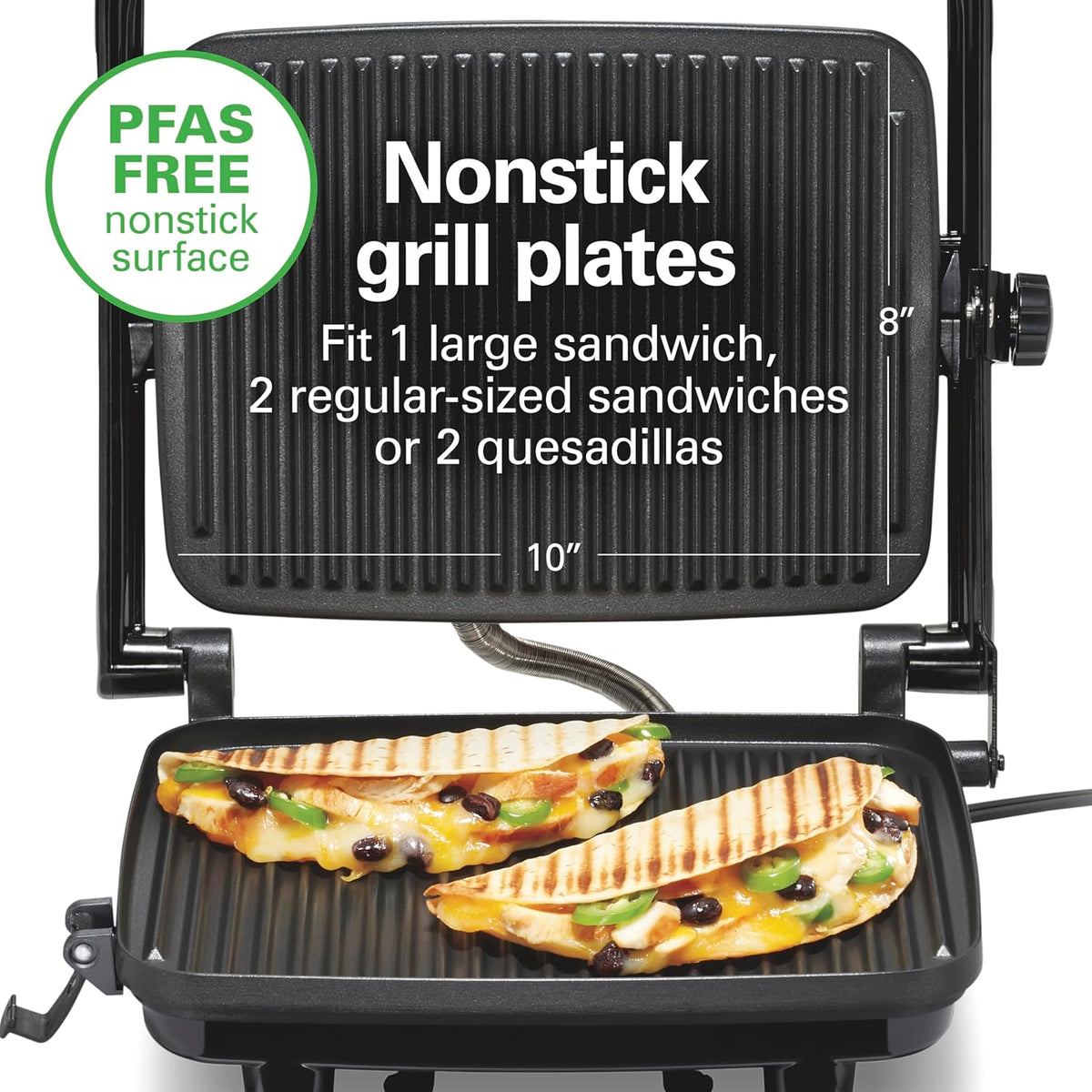 Hamilton Beach Parrilla eléctrica Panini Press con tapa de bloqueo, se abre 180 grados para cualquier grosor de sándwich (25460A) Rejillas antiadherentes de 8 "x 10" Acabado cromado, mediano