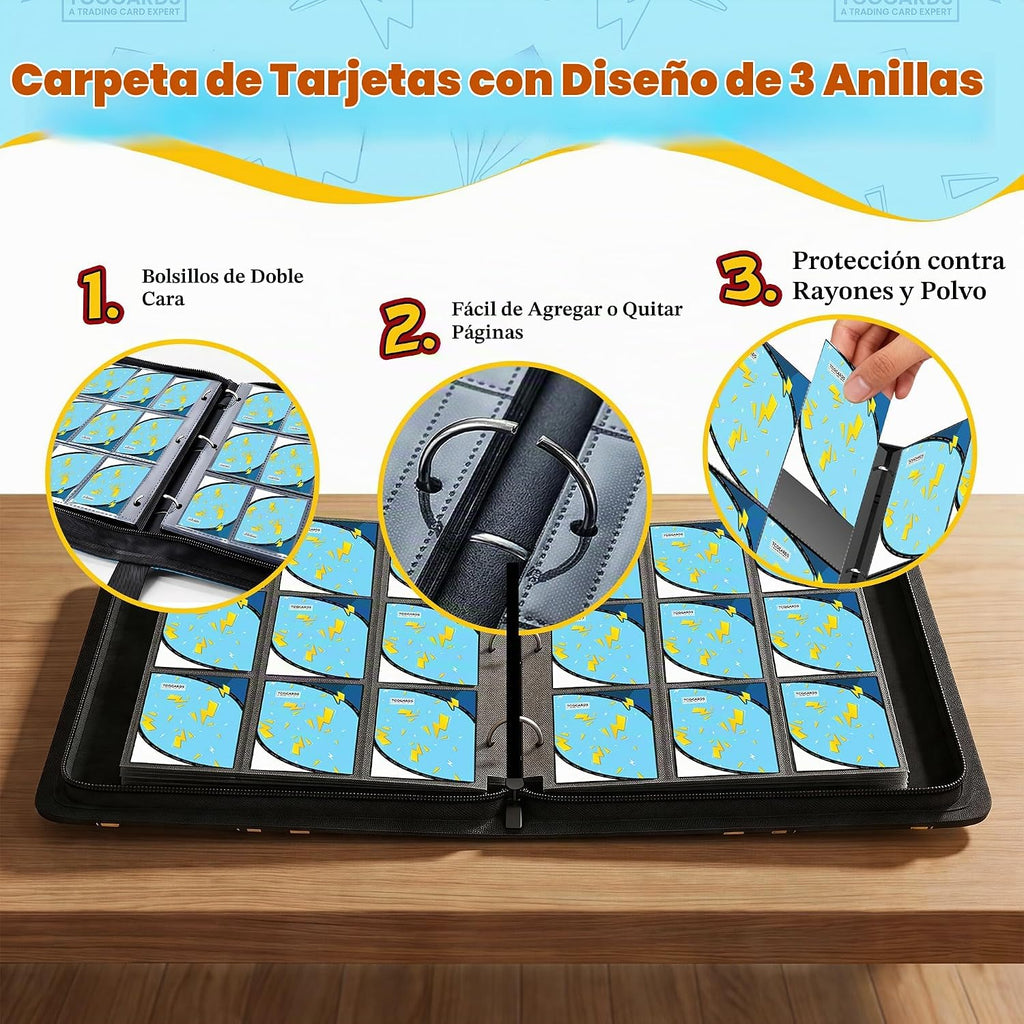 Carpeta de tarjetas para tarjetas de Pokémon, carpeta de 9 bolsillos para 900 tarjetas con 50 fundas extraíbles, 3 anillos con cremallera, estuche para tarjetas TCG, MTG, colección de tarjetas