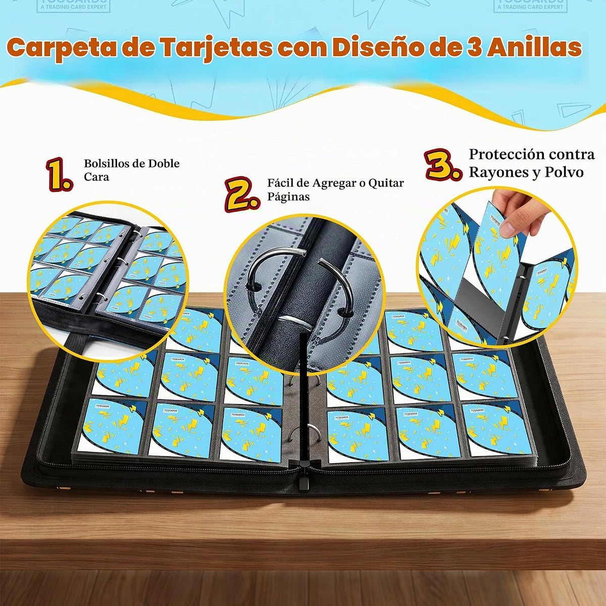 Carpeta de tarjetas para tarjetas de Pokémon, carpeta de 9 bolsillos para 900 tarjetas con 50 fundas extraíbles, 3 anillos con cremallera, estuche para tarjetas TCG, MTG, colección de tarjetas