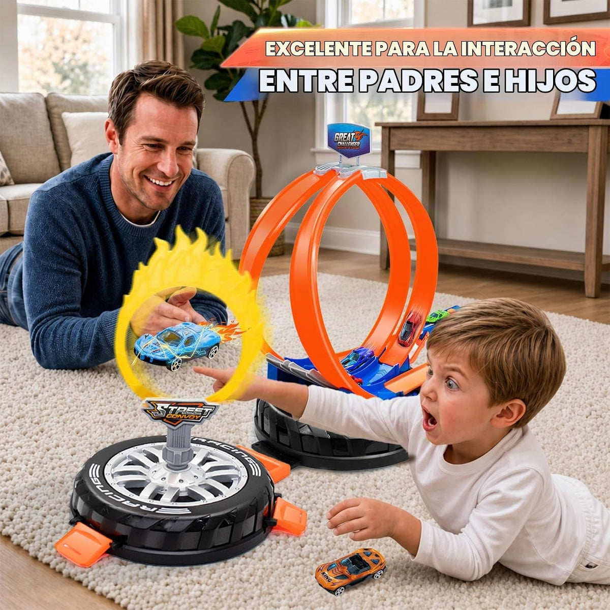 Race Tracks para Kids Ages 4-8, 2 en 1 Race Car Track Stunt Tire Shaped Case