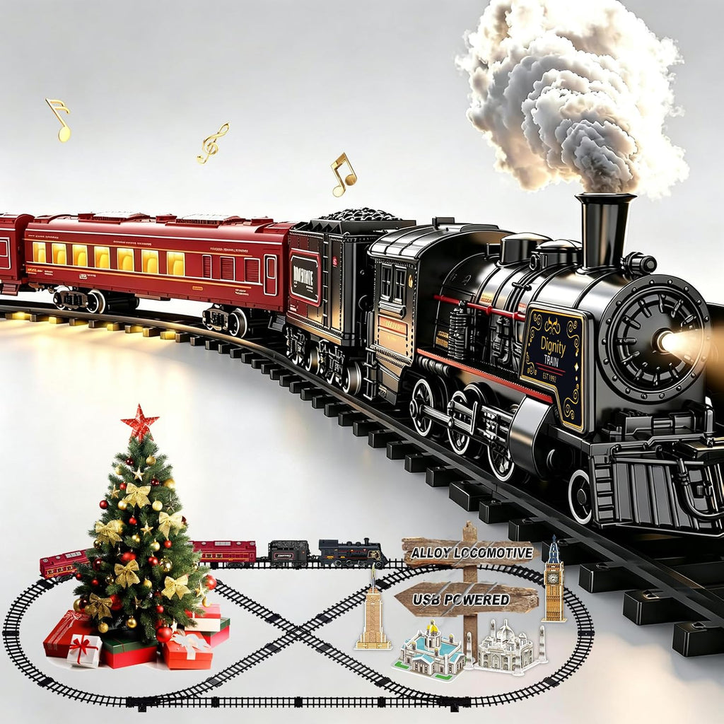 Juegos de tren eléctrico para niños, juguetes de tren de Navidad de aleación de metal, locomotora de vapor, vagones de pasajeros brillantes, pistas de lujo, luz y sonidos, regalos de cumpleaños recargables para niños y niñas, color rojo