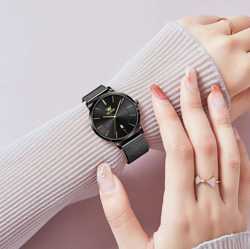 OLEVS Reloj de pulsera de malla para mujer, elegante cara grande de tres manecillas analógicas de cuarzo, reloj de pulsera femenino elegante y delgado con pantalla de fecha impermeable, relojes para
