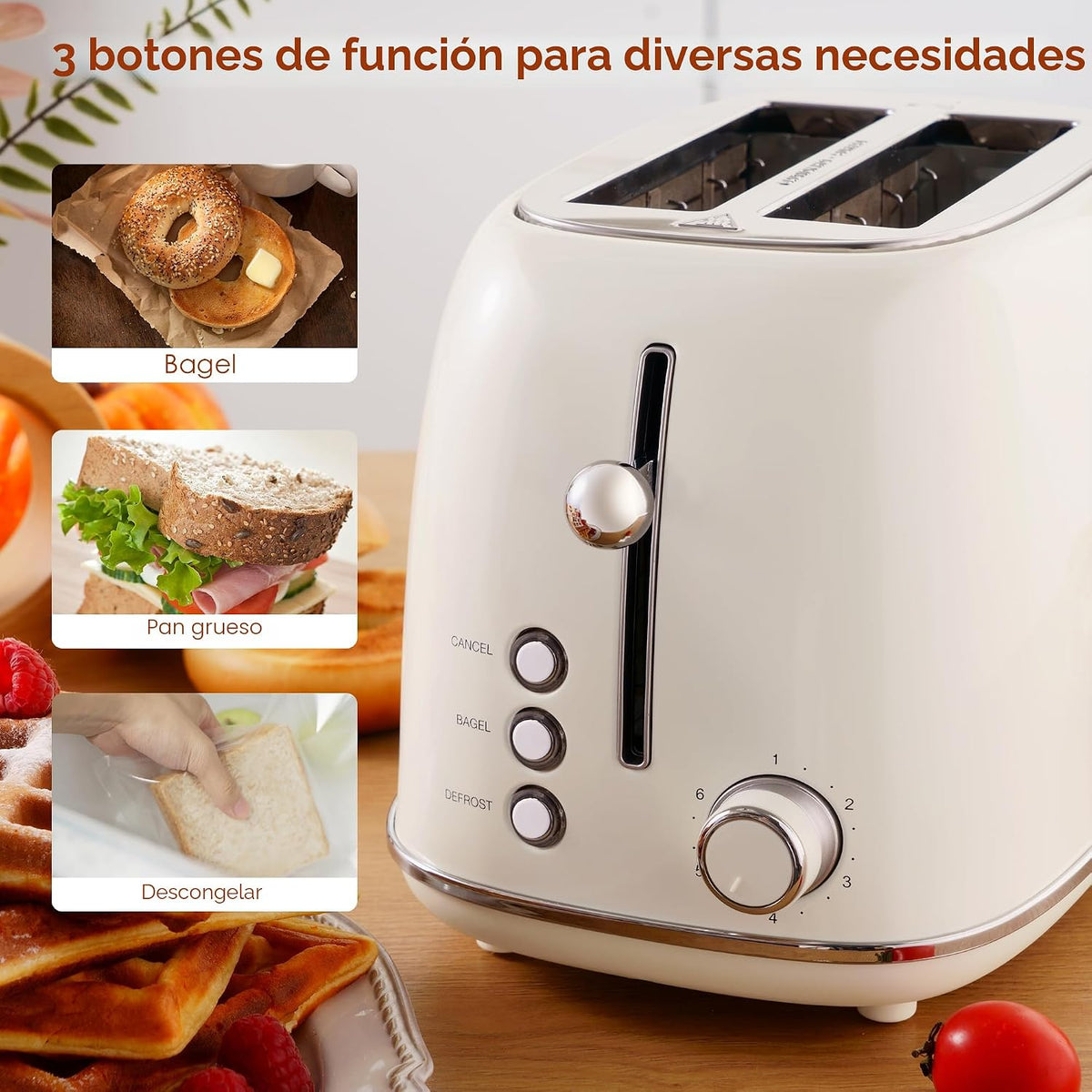 Roter Mond Tostadora de 2 rebanadas, de acero inoxidable, retro, con función de bagel, cancelar y descongelar, 6 ajustes de tostado de pan, ranuras extra anchas y bandeja de migas extraíble, Crema