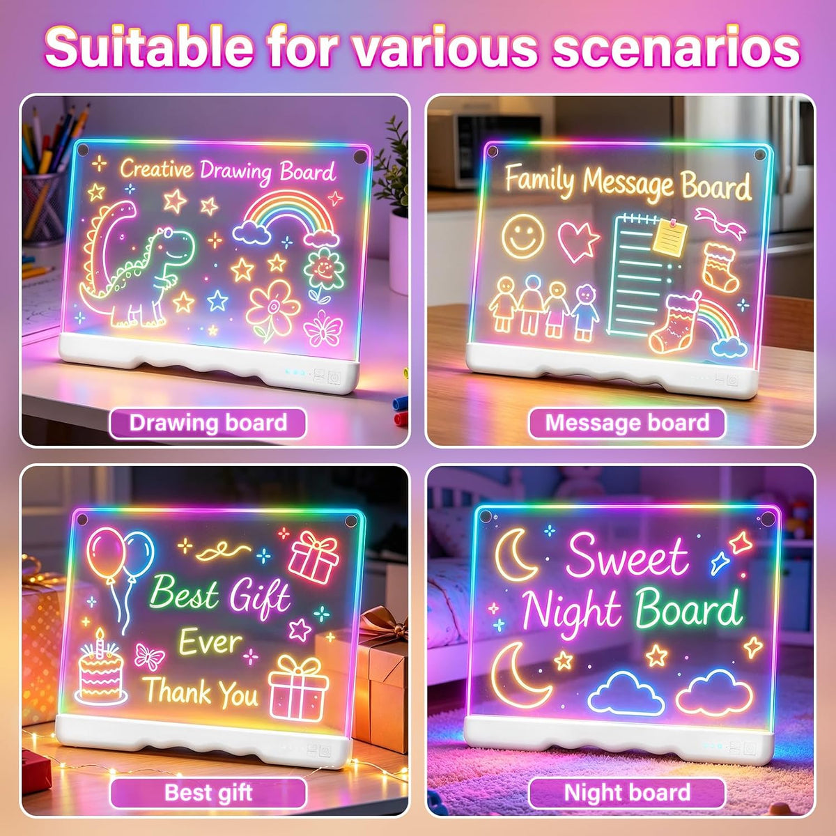 Tablero de dibujo LED recargable de 16 pulgadas para niños, tableta de dibujo con 7 colores y modos dinámicos, tablero de notas LED acrílico de borrado en seco, regalos para niños para Pascua