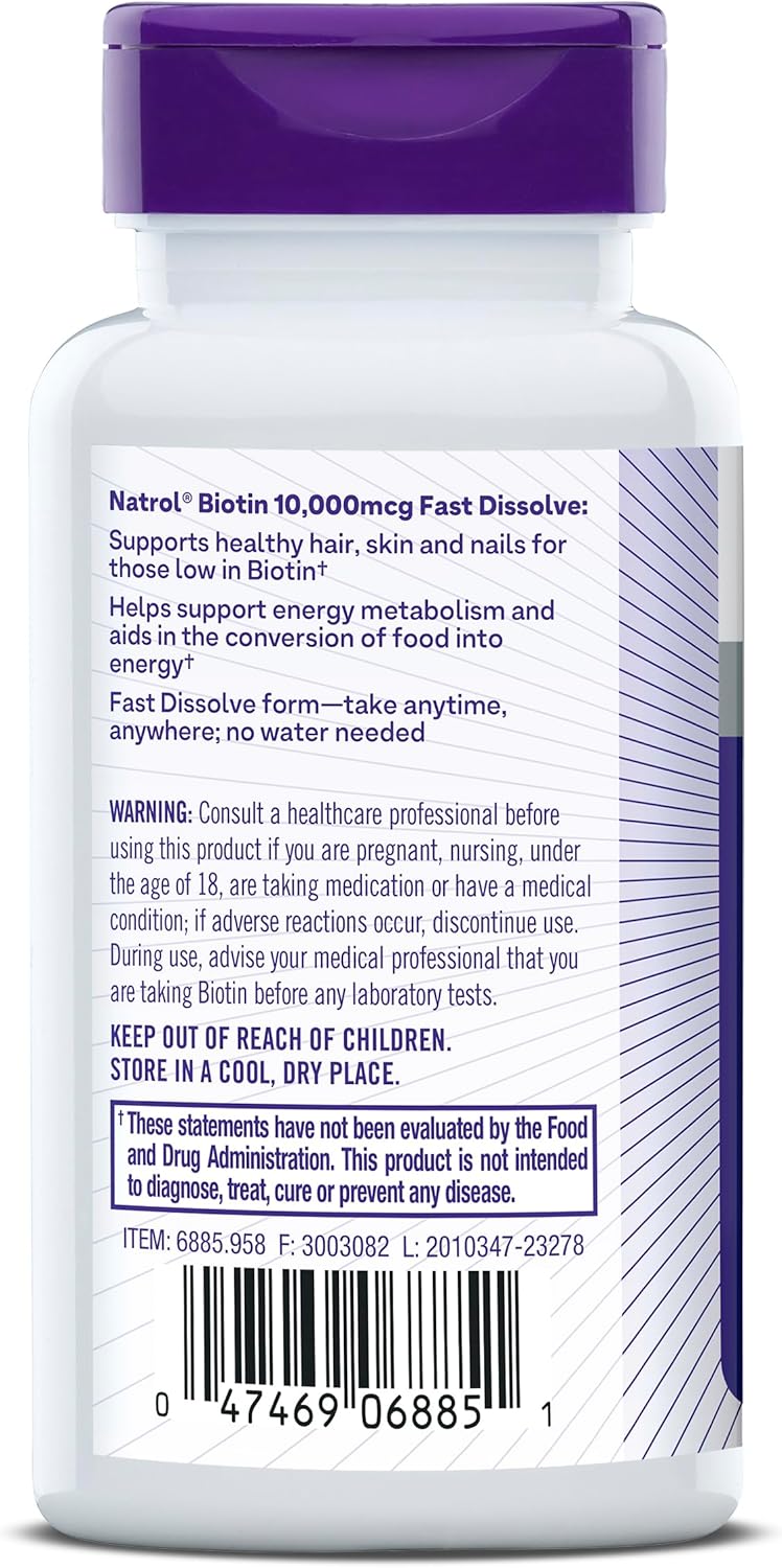 Natrol Biotin 10,000 mcg, suplemento de disolución 4 veces más rápi...