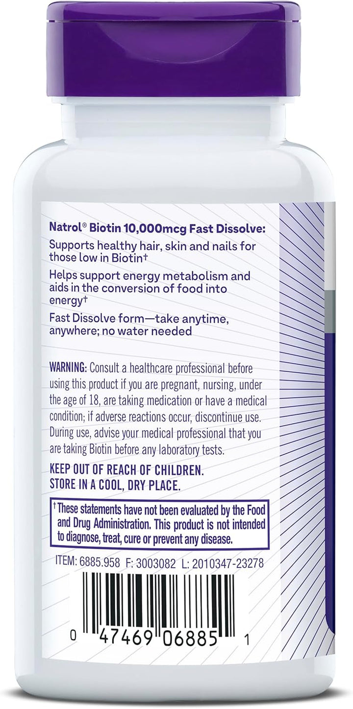 Natrol Biotin 10,000 mcg, suplemento de disolución 4 veces más rápi...
