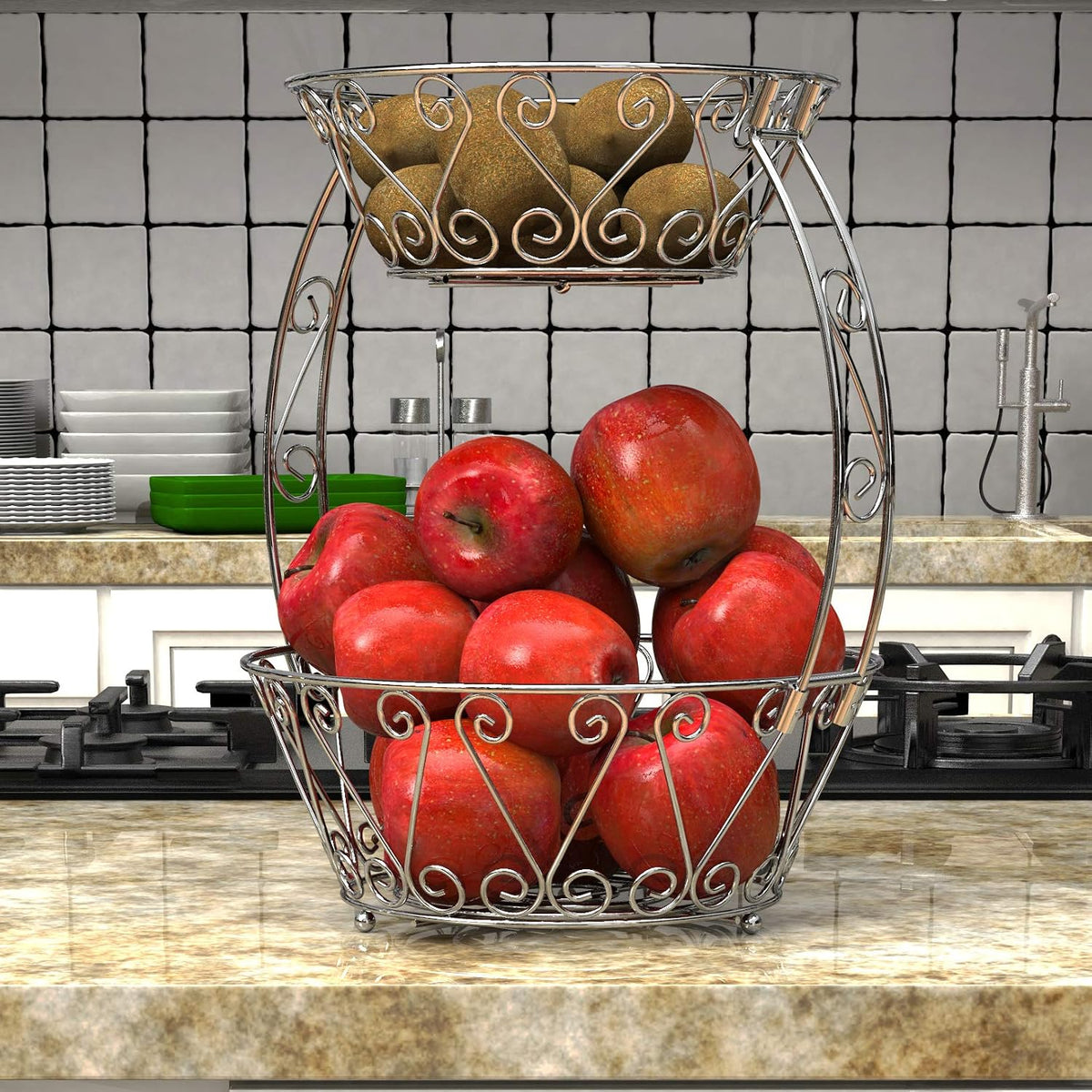 Simple Houseware Cesta de frutas de 2 niveles para encimera, color cromado