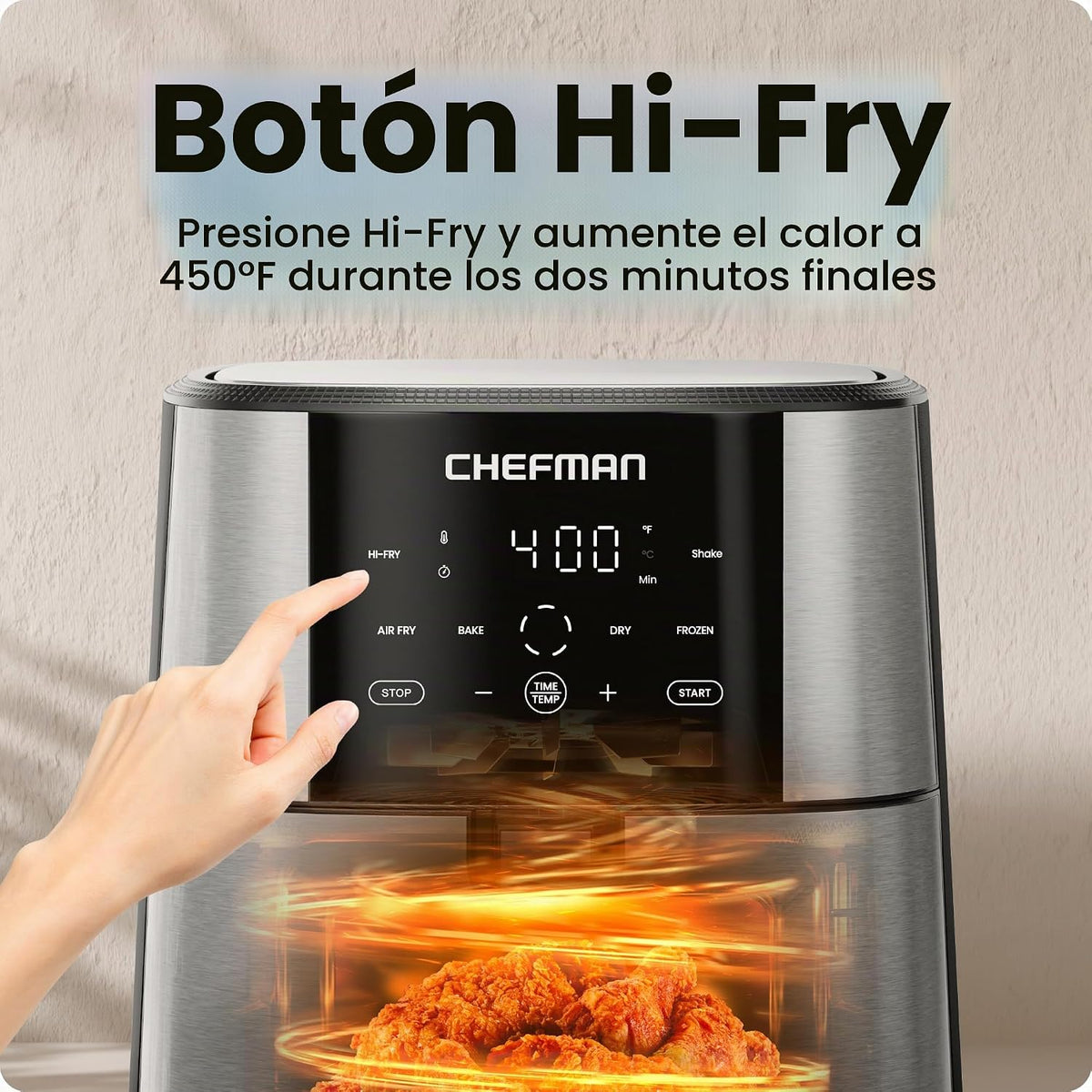 Chefman Freidora de aire de 8 cuartos de galón | TurboFry® 4 en 1 con opción Hi-Fry de 450°F para resultados más crujientes | Hornea, deshidrata, congelada | Cesta antiadherente XL apta para lavavajillas | Acero inoxidable