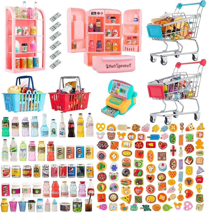 164Pcs Mini Carrito de Compras Cesta Miniatura Comida Bebida Juguet...
