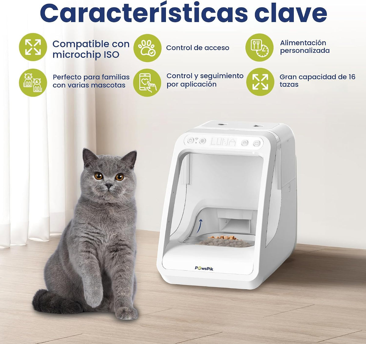 Comedero automático para gatos Microchip RFID, 16 tazas, color