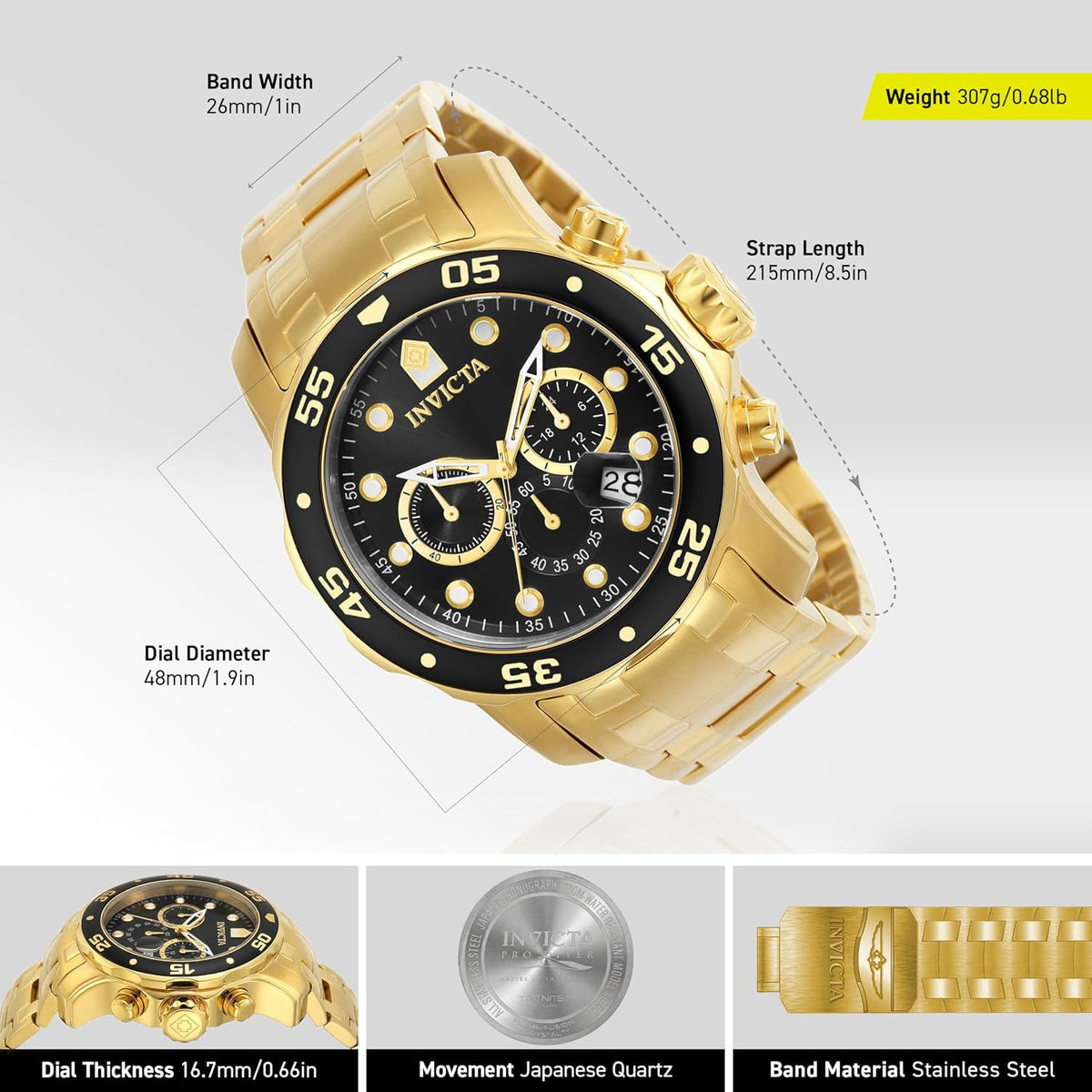 Invicta Pro Diver - Reloj cronógrafo de cuarzo con correa de acero inoxidable, color plateado, modelo 26 0073