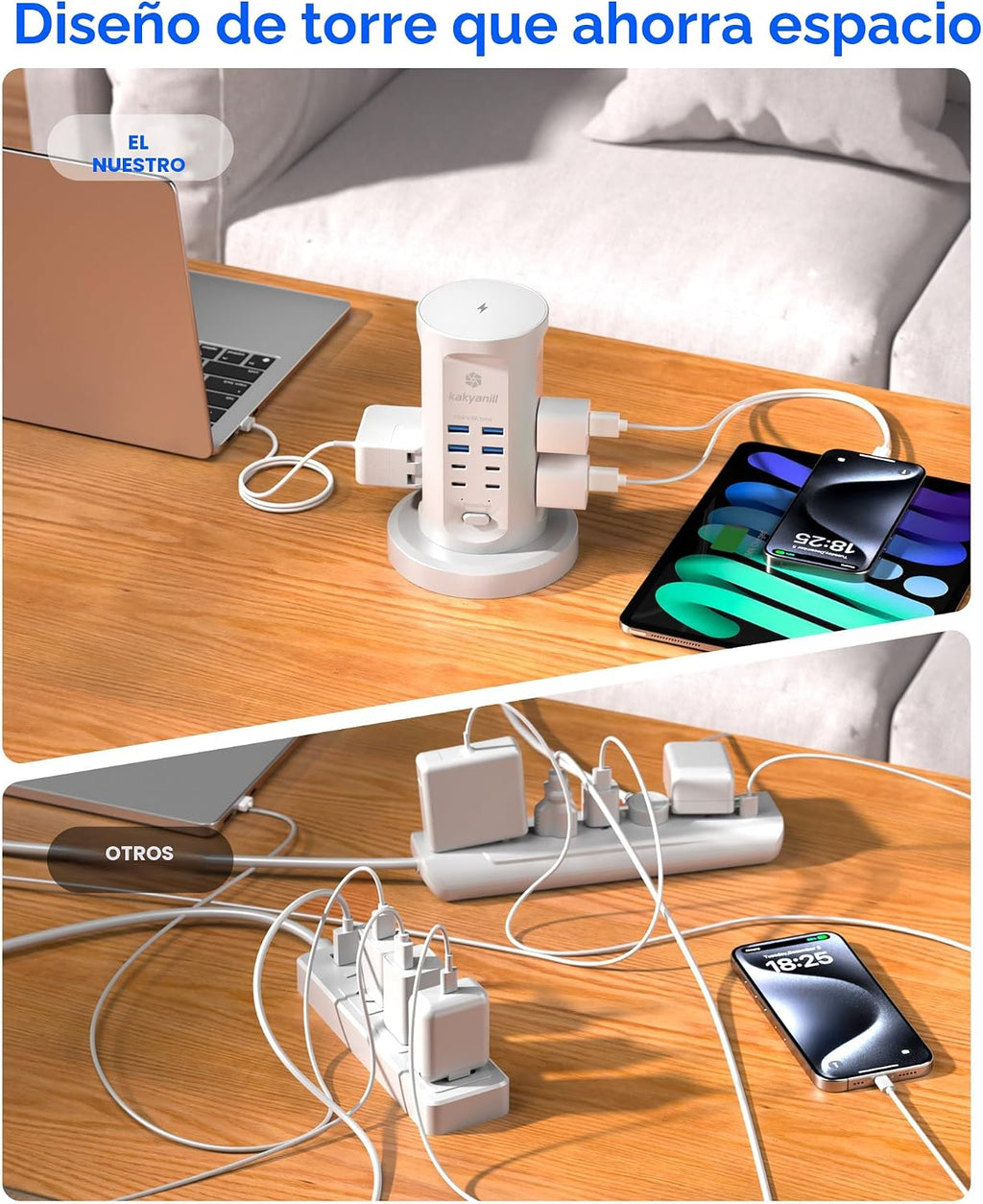 Torre de Regleta de Alimentación, kakyanill Torre Protector contra Sobretensiones 9 Tomas de CA 8 USB (4 USB C), Cable de Extensión Retráctil de 6 Pies, Estación de Carga para Oficina Cuarto de