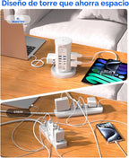 Torre de Regleta de Alimentación, kakyanill Torre Protector contra Sobretensiones 9 Tomas de CA 8 USB (4 USB C), Cable de Extensión Retráctil de 6 Pies, Estación de Carga para Oficina Cuarto de