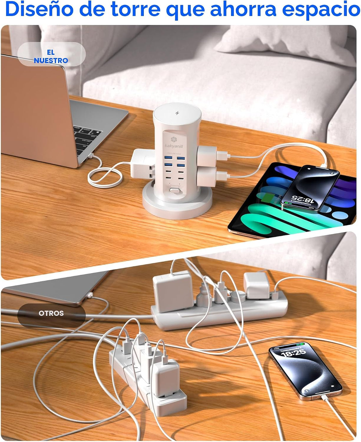 Torre de Regleta de Alimentación, kakyanill Torre Protector contra Sobretensiones 9 Tomas de CA 8 USB (4 USB C), Cable de Extensión Retráctil de 6 Pies, Estación de Carga para Oficina Cuarto de