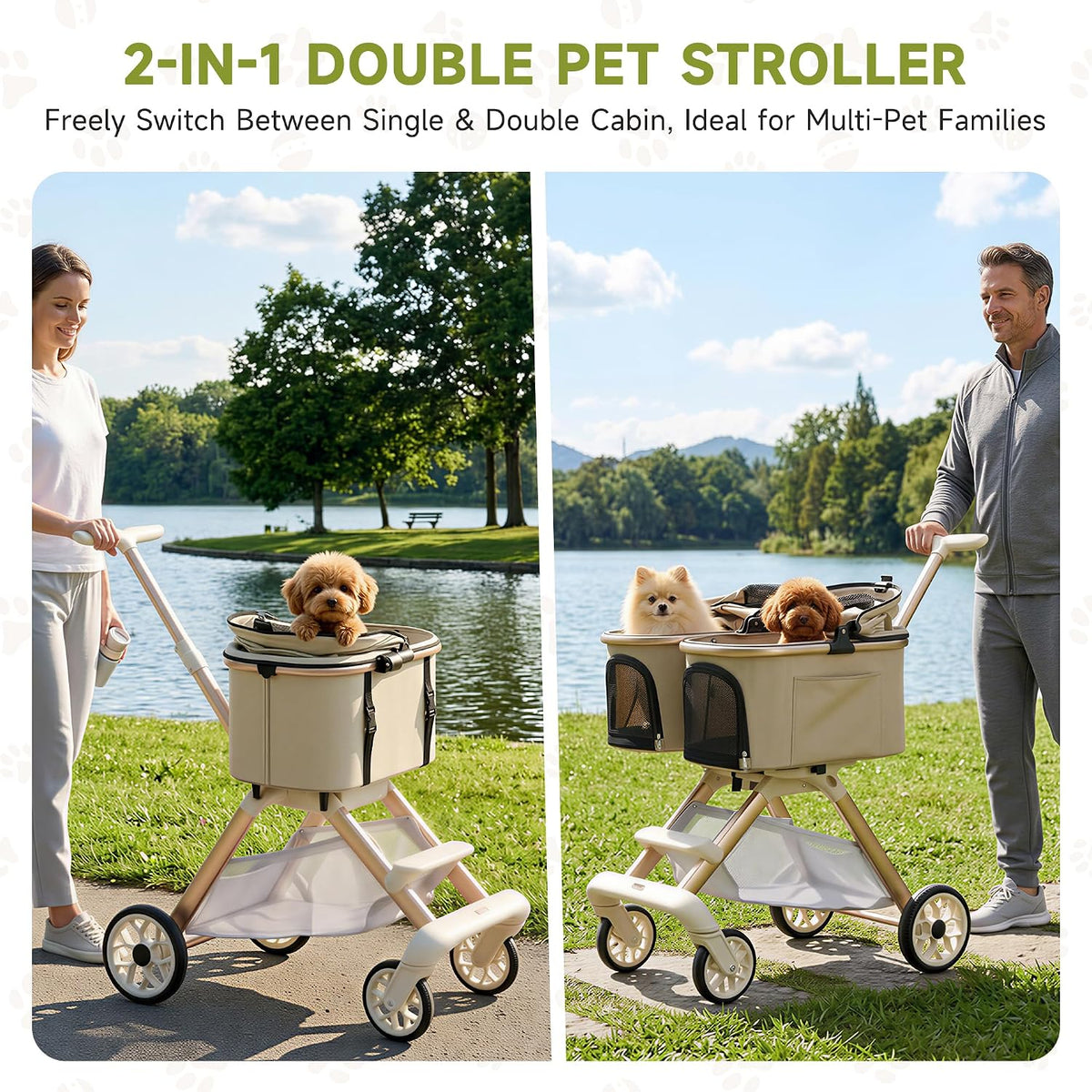Paseador doble para mascotas con 2 transportines desmontables para perros y gatos pequeños y medianos
