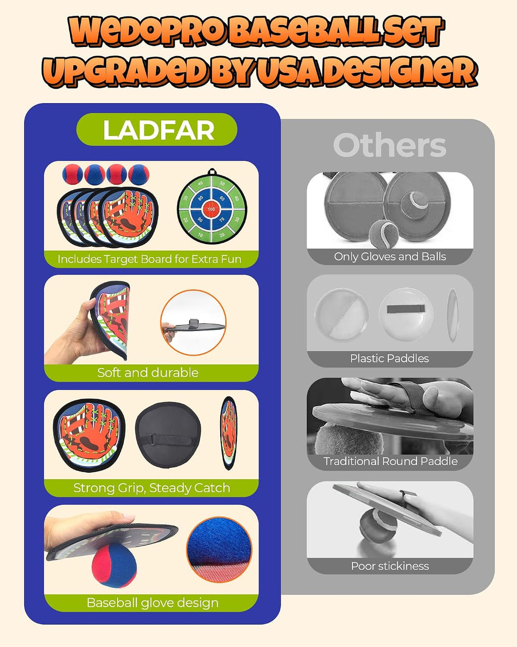 Juego de pelota para lanzar y atrapar, guante de béisbol 2 en 1 para niños pequeños y tablero objetivo, juguete pegajoso para atrapar juguetes al aire libre, juegos al aire libre, patio trasero, playa