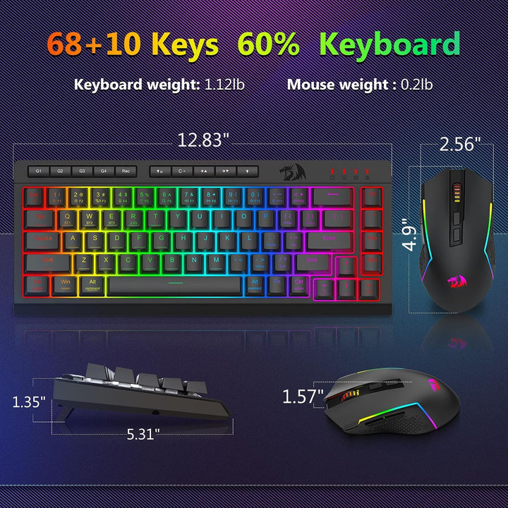 Redragon Combo de teclado y mouse inalámbricos para juegos, Bluetoo...