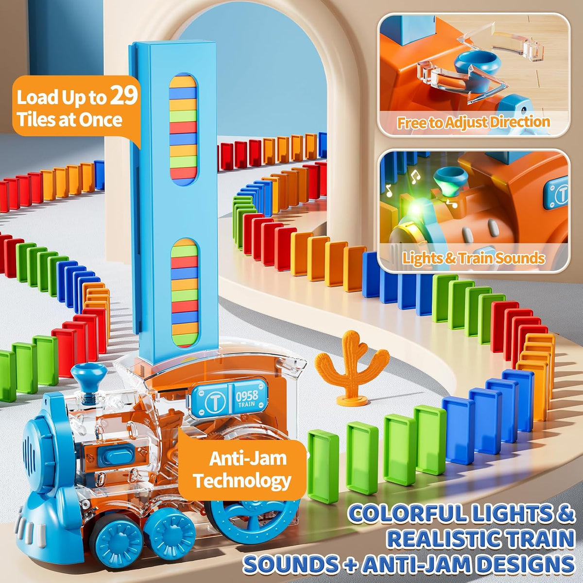 Juguete de tren de dominó de 210 piezas para niños de 4 a 8 años, juego