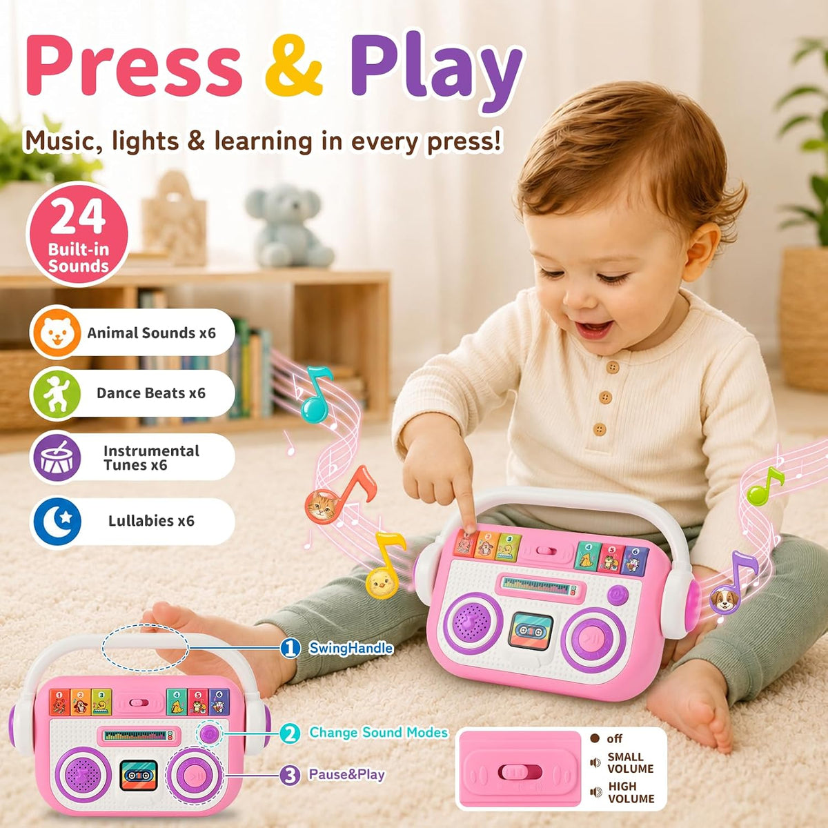 Juguetes musicales para bebés, reproductor de música 2 en 1 y