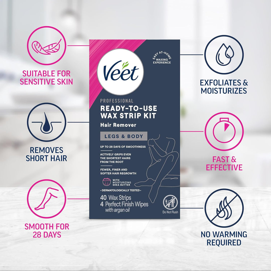 VEET Tiras de cera de azúcar para depilación corporal de mujer, kit...